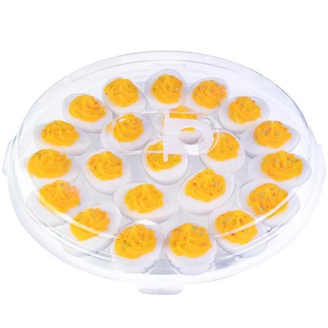 HANSGO Portable Deviled Egg Tray, Round Egg Holder with Lid Clear Plastic Deviled Egg Keeper Platter Carrier for Easter Halloween Party Home Kitchen Refrigerator, 22 Egg Slots