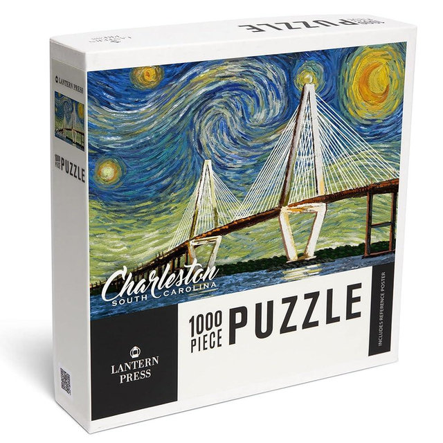 "Lantern Press Charleston, South Carolina, Starry Night, Bridge, 1000 Piece Jigsaw Puzzle for Adults, Made in USA with Reference Poster"