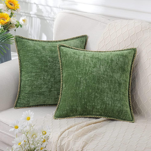 decorUhome Chenille Soft Throw Pillow Covers 18x18 Set of 2, Farmhouse Velvet Pillow Covers, Decorative Square Pillow Covers with Stitched Edge for Couch Sofa Bed, Forest Elf