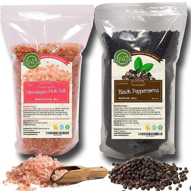 Whole Black Peppercorns 12oz | Himalayan Pink Salt (Coarse Grain) 2 lbs | Premium Grade, Freshly Packed | Pepper Corns For Grinders Refill | Herbs & Spices | by Eat Well Premium Foods