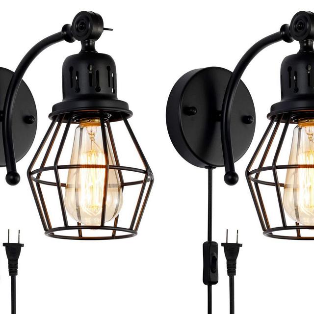 BANGANMA Plug in Wall Sconce Set of 2, Black Industrial Vintage Cage Wall Light Fixture with On Off Switch，Wall Lamp with Plug in Cord for Bedroom Farmhouse Hallway