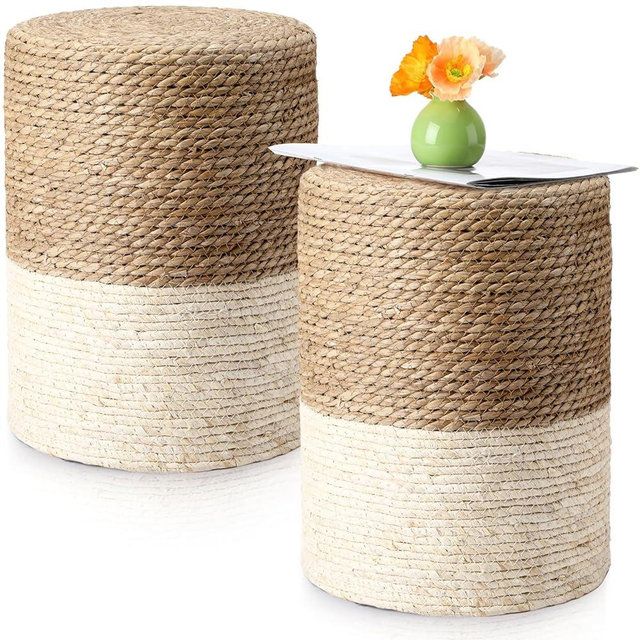 Barydat 2 Pcs 15'' Ottoman Pouf Natural Seagrass Braided Poof Hand Weaving Round Ottomans Boho Footrest Stool for Home Living Room Bedroom Patio(Natural and White)