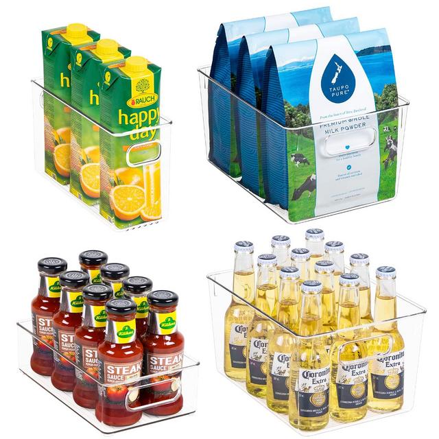 Plastic Refrigerator Organizer Bins - 4 Piece Clear Fridge Organizers with Handles, Fridge Organization Bin Set, Clear Plastic Freezer Storage Bins, Plastic Storage Bins for Cabinets, Pantry