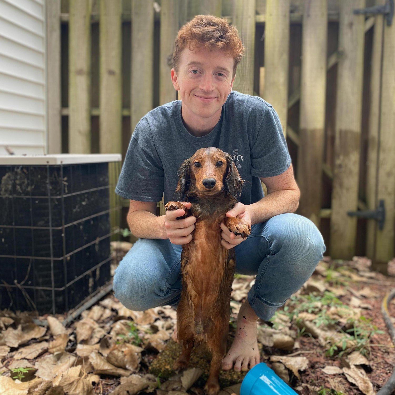 A wet (and not happy about it) weenie and Dean