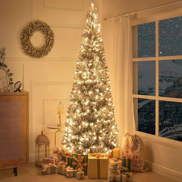 Naomi Home Salzburg 9ft Frosted Prelit Slim Artificial Christmas Tree with 1455 Branch Tips, 500 Warm Lights and Metal Stand, 37" Wide Realistic Snow Flocked Skinny Pencil Christmas Tree