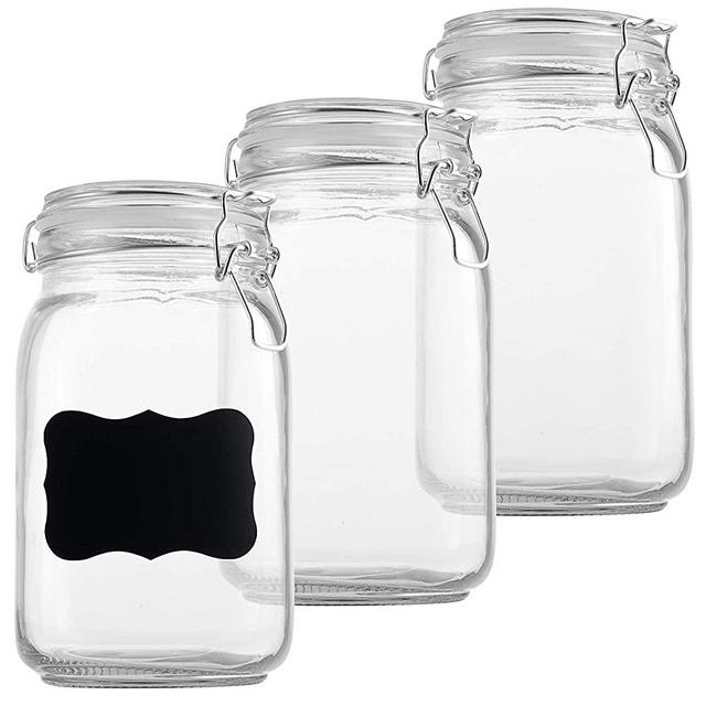 DilaBee Glass Storage Jars - Clear Glass Jars with Airtight Lids - Square Glass Jars for Food Storage with Lids and Chalk Labels- airtight glass Kitchen Jars for Canning, Fermenting, (3 Pack 48 Oz)
