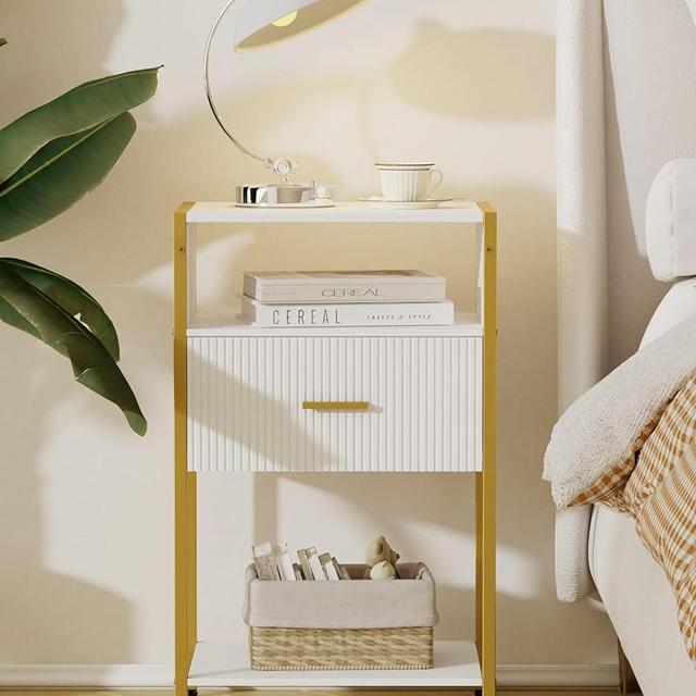 JOONEE White and Gold Nightstand, White Bedside Table with Drawer, Modern Night Stand with Gold Handles and Legs, Small White Night Stand for Bedroom