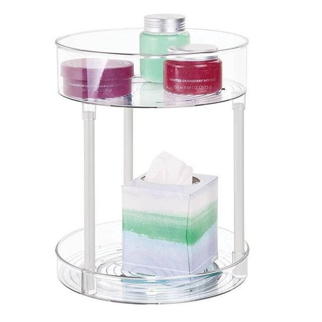 mDesign Spinning Metal and Plastic Makeup Organizer Rotating Lazy Susan 2-Level Turntable Storage Bin - Carousel Organizer for Bathroom Vanity Countertops, Cabinets - Clear/White