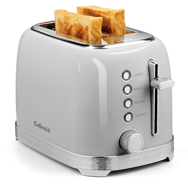 Culinaid Toaster 2 Slice Retro Stainless Steel with 1.5” Extra Wide Slots Bagel, Defrost, Reheat, Cancel Functions, 6 Bread Shade Settings, Removable Crumb Tray, Gray