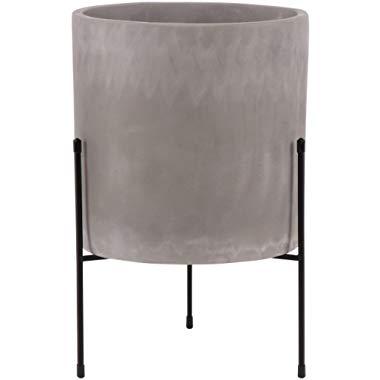 Mid-Century Cement Planter with Stand – 15”H Plant Stand with Pot for Indoors