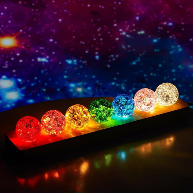 KRISININE 7 Colors 40mm Ice Cracked Balls Crystal Chakra Balls with LED Wooden Base Glass Healing Sphere Balls with Stand Night Light Decoration Quartz for Christmas Decorations