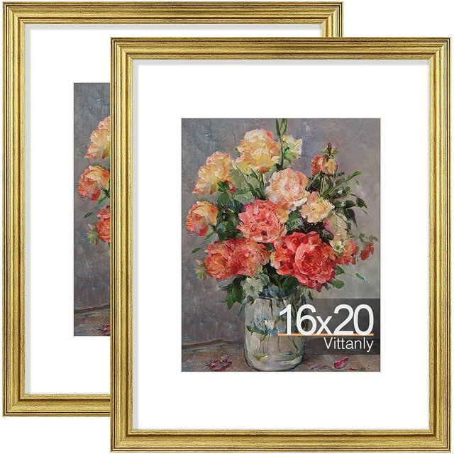 Vittanly 16x20 Picture Frames Set of 2, Ornate Vintage Photo Frame for Wall Mount, Display 11x14 Pictures with Mat or 16x20 without Mat, Rustic Gold