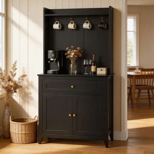 63" Microwave Cabinet with Drawers, Kitchen Storage Cabinet with Outlet & Adjustable Shelves for Pantry Items and Small Appliances