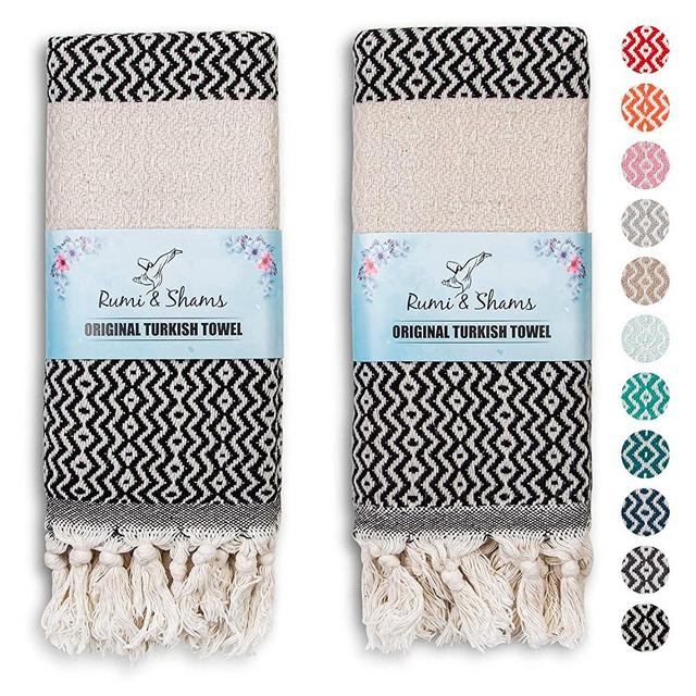 RUMI & SHAMS Turkish Hand Towel for Bathroom and Kitchen – 2 Pcs Luxurious Decorative Hand Towels for Bathroom – 100% Cotton Farmhouse Kitchen Towels – 16 x 35 Inches Kitchen Hand Towels (Black)