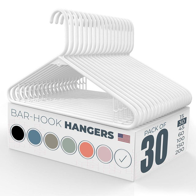 30pk Made in USA Strong Plastic Clothes Hangers Bulk | 20 30 50 100 Pack Available | Laundry Clothes Hanger | Coat Hangers Plastic | Heavy Duty Plastic Hanger for Closet and Clothing Hangars (White)