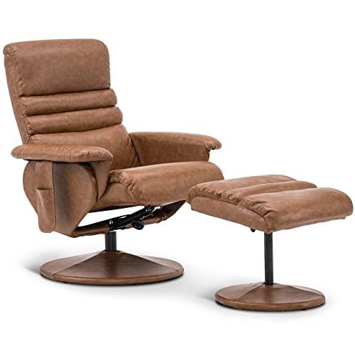 Mcombo Recliner with Ottoman, Reclining Chair with Massage, 360 Swivel Living Room Chair Faux Leather, 7902 Creame White (Saddle)
