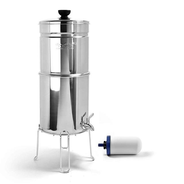 ProOne Traveler+ Polished Stainless Countertop Gravity Water Filter System w/ (1) 5-inch Filter & Wire Stand - Reduce Fluoride Lead Chlorine Microplastics