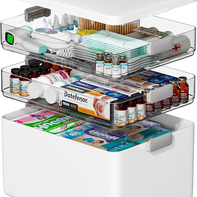 Spreezy 3-Tier Medicine Organizer with Clear Compartments, Portable Stackable Storage Box with Handle for Pills, Bandages & Empty First Aid Kit - Home Use
