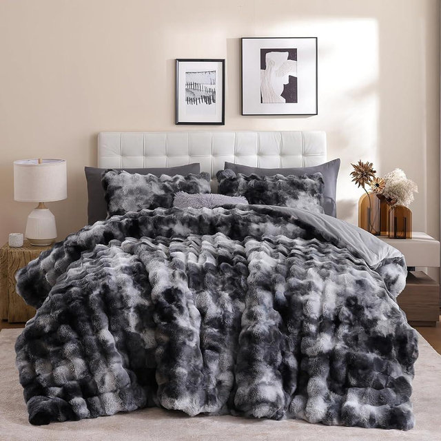 YIKUSH Tie-dye Grey Comforter Set King - Luxurious Faux Fur Comforter for Winter, Fluffy Comforter Queen Set with 2 Pillowcases, Soft Warm Tie-dye Grey Bedding Set
