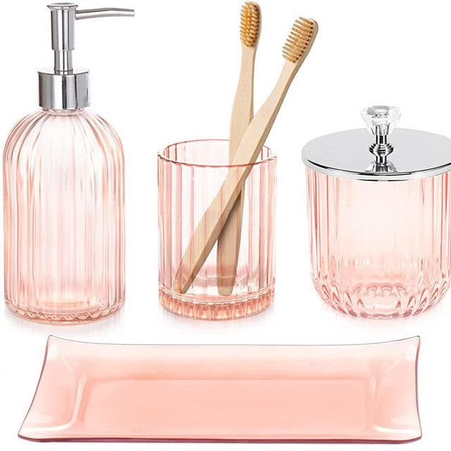 Bathroom Accessories Set, 4 Pcs Glass Bathroom Accessories Sets Complete w/ Lotion Soap Dispenser, Toothbrush Holder, Apothecary Jar, Vanity Tray, Modern Bathroom Decor, Gift for Home Apartment- Pink