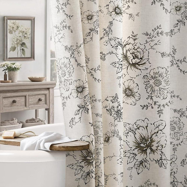 NDDYCU Farmhouse Floral Linen Shower Curtain, Vintage Black and White Pattern Rustic Shower Curtains for Bathroom,60x72