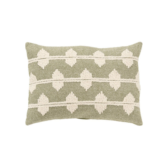 14"x20" Oversize Diamond Lumbar Throw Pillow Cover Ivory/Green - Rizzy Home: Woven Cotton, Luxury Decor