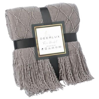Pink DEERLUX Decorative Diamond Pattern Knit Throw Blanket with Fringe