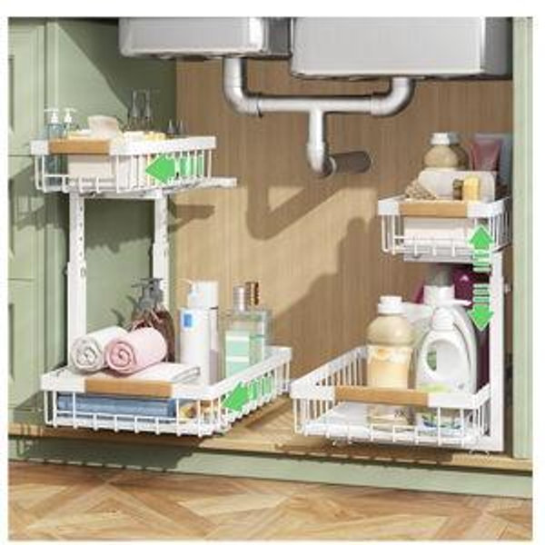 Under Sink Organizer, 2 Tier Under the Sink Storage, Slide out Pull out Cabinet Organizer Shelf, Metal Sliding Drawer for Kitchen Bathroom Pantry Closet Organization Rack, White, 2 Pack