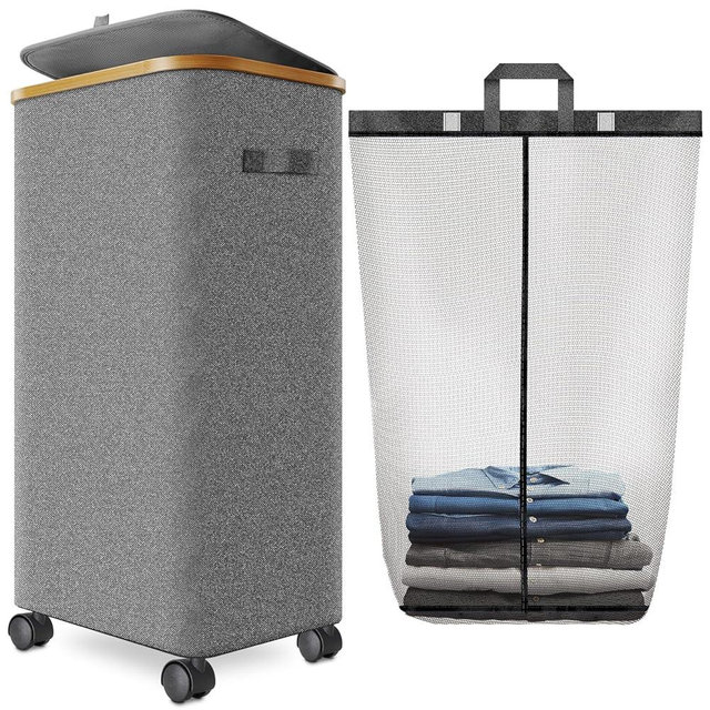 Laundry Hamper with Wheels,29 Gal (110L) Laundry Basket with lid Rolling Clothes Hamper Foldable Dirty Clothes Basket on wheels with Bamboo Frame and Bag for Bedroom, Dorm, Laundry Room-Grey
