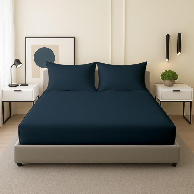 Rajlinen Queen Sheets Set, 100% Soft Microfiber, 3 Piece with Fitted Sheet and Pillowcases, Deep Pocket Fits Up to 15 Inch Mattress, Cooling, Breathable, Wrinkle Resistant, Hotel Luxury, Navy Blue