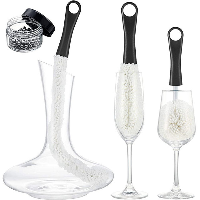 3 Pieces Wine Decanter Cleaning Brush Flexible Bottle Scourer with Stainless Steel Decanter Cleaning Balls Multi-Function Household Cleaning Tools for Goblets/ Champagne Flutes/ Cups/ Glasses (Black)