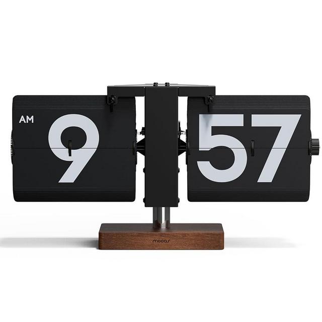 mooas Classic Modern Wood Big Flip Desk Clock (Black), Retro Vintage Analog Design Auto Flip Clock Table Clock Large Number Battery Powered, Ideal for Home Office School Hotel Café