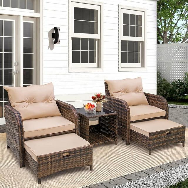 FYRICKYLINOO 5 Pieces Patio Chairs Set with Ottomans, All Weather PE Rattan, Outdoor Conversation Furniture with Table, Beige