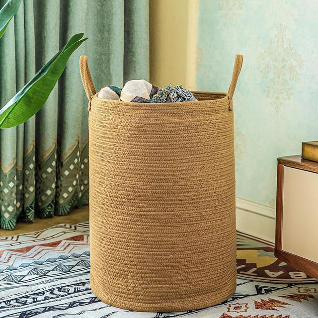 Homlikelan 85L Oversize Woven Laundry Basket with Handles,Collapsible Cotton Rope Laundry Hamper,Wicker Clothes Hamper Laundry Bin Storage Basket for Blanket Brown