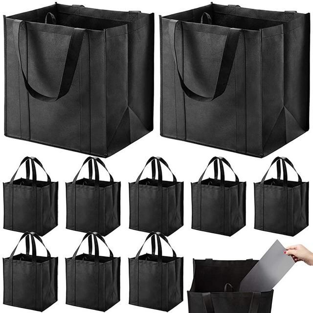 Set of 10 Reusable Grocery Bags Heavy Duty Shopping Bags Large Grocery Totes with Reinforced Bottom Super Sturdy Handles, Black