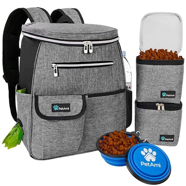 PetAmi Dog Travel Bag Backpack | Backpack Organizer with Poop Bag Dispenser, Multi-Function Pocket, Food Container Bag, Collapsible Bowl | Weekend Pet Travel Set for Hiking Overnight Camping Road Trip