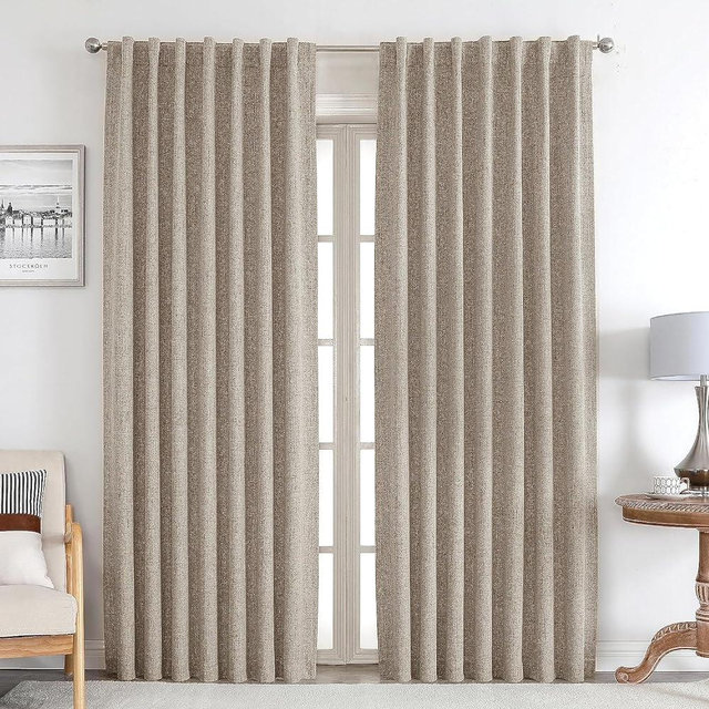 Joydeco 100% Black Out Curtains 96 inch Long 2 Panels Burg Natural Blackout Linen Drapes for Bedroom Living Room Darkening Curtain Thermal Insulated Back tab Rod Pocket(37x96 inch,Linen)