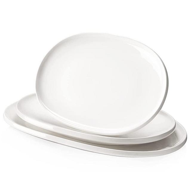 DOWAN Large Serving Platter, 16"/14"/12" Serving Plates, White Oval Platters Set of 3, Porcelain Serving Platters Oven Safe for Entertaining, Party