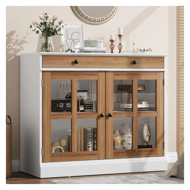 35" Sideboard Buffet Cabinets w/Glass Door & 2 Storage Drawers, Kitchen Storage Cabinet, Modern Buffets & Sideboards for Dining Room, Living Room