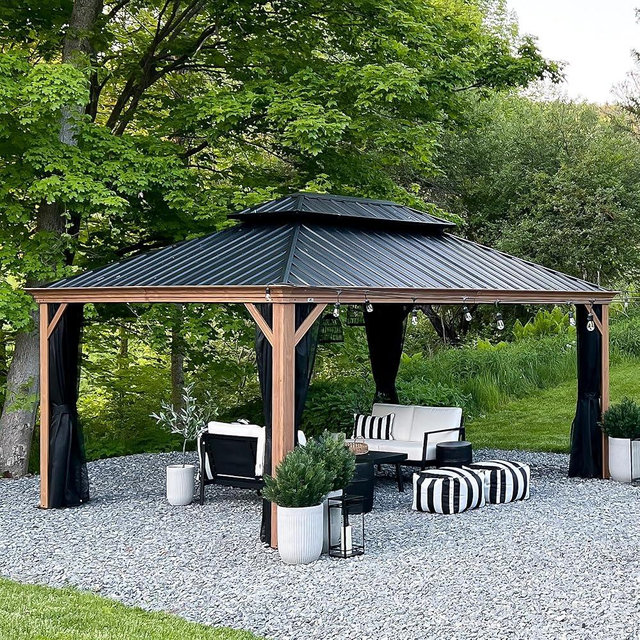 PURPLE LEAF 12' X 16' Outdoor Hardtop Gazebo for Patio Galvanized Steel Double Roof Permanent Canopy Aluminum Frame Pavilion Gazebo with Netting