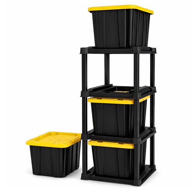 Sterilite 4 Tier Tote Rack, Vertical Plastic Organizer with 4 Pack 27 Gallon Industrial Storage Totes, Black - for Garages, Workshops, or Basements
