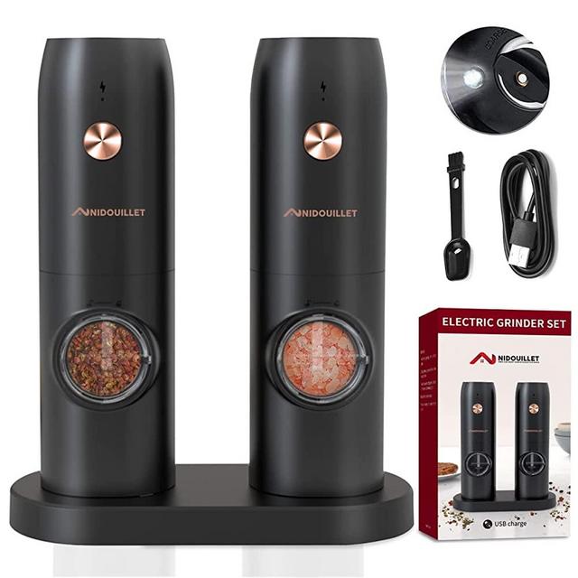 Nidouillet Electric Salt and Pepper Grinder Set - USB Rechargeable Automatic Salt Pepper Grinders With LED Light, 2 Larger Capacity Black Refillable Mills, Adjustable Coarseness, One Hand Operation