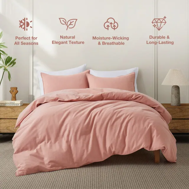 Peace Nest Linen Cotton Blend Duvet Cover Set, Durable, Breathable & Moisture-Wicking, 3 Piece Bedding Set with Pillow Shams, Pink, Full/Queen