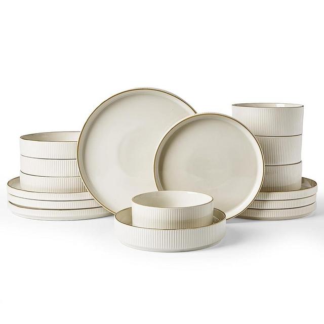 Famiware Star Dinnerware Set with Pasta Bowls, Service for 4 (16pcs), Ribbed Stoneware Plates and Bowls Dishes Sets with Trim - Chip & Scratch Resistant, Microwave & Dishwasher Safe, White