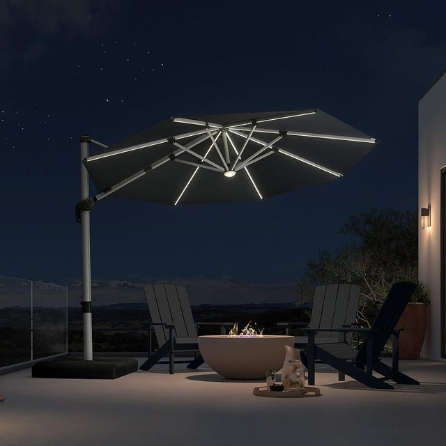 PURPLE LEAF 10ft Patio Umbrella with Lights Outdoor Round Cantilever Solar Powered LED Umbrella with 360-degree Rotation for Garden Deck Pool Patio, Grey