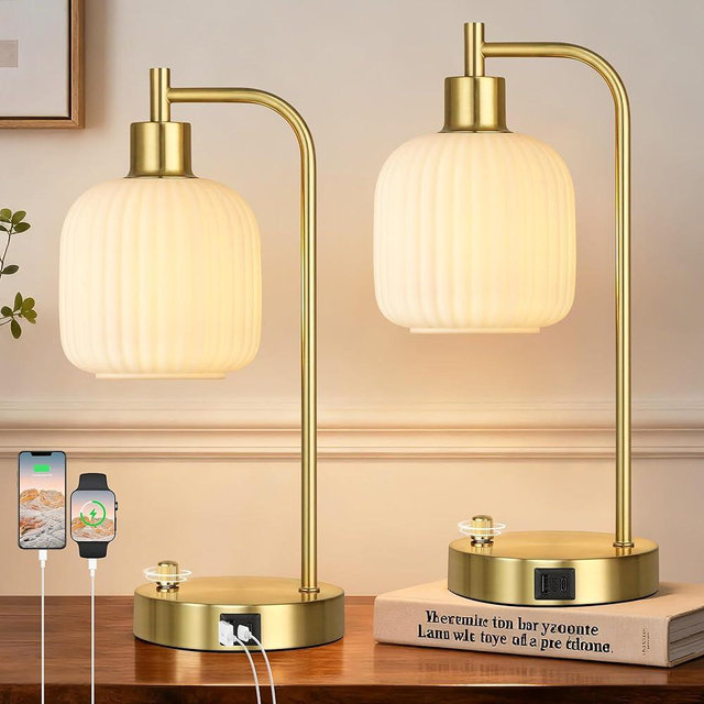 QiMH Industrial Table Lamp for Bedroom Set of 2, Cream Glass Beside Lamp with USB A&C Ports, Stepless Dimmable Gold Lamps, Nightstand Lamps for Living Room, Office, Home Decor(Bulb Included)