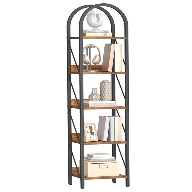 HOOBRO Bookshelf, 5-Tier Bookshelf Arched Display Racks, Industrial Bookcase with Metal Frame, Book Shelf Storage Organizer for Living Room, Office, Bedroom, Rustic Brown and Black BF425SJ01