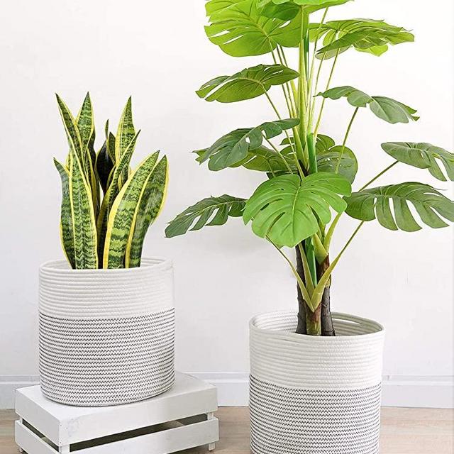 Goodpick 2Pcs Rope Large Plant Basket 12 inches Woven Natural Planter Basket Indoor Fit for 11 Inches Pot Tree Basket Storage Basket for Toys Towel Black Stitches