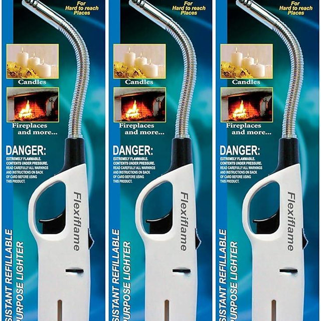 Click-n-Flame 3 Pack Long Flexible Lighter, Refillable Butane, White, Modern Style, Plastic Core, Metal Alloy
