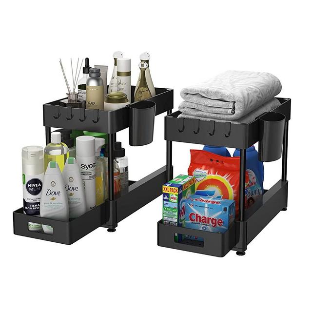 Under Sink Organizers and Storage 2 Pack, ZOMILB Bathroom Organizer 2-Tier Sliding Kitchen Cabinet Organization with Hook, Hanging Cup, Multi-purpose Under Sink Shelf Organizer for Home Storage, Black